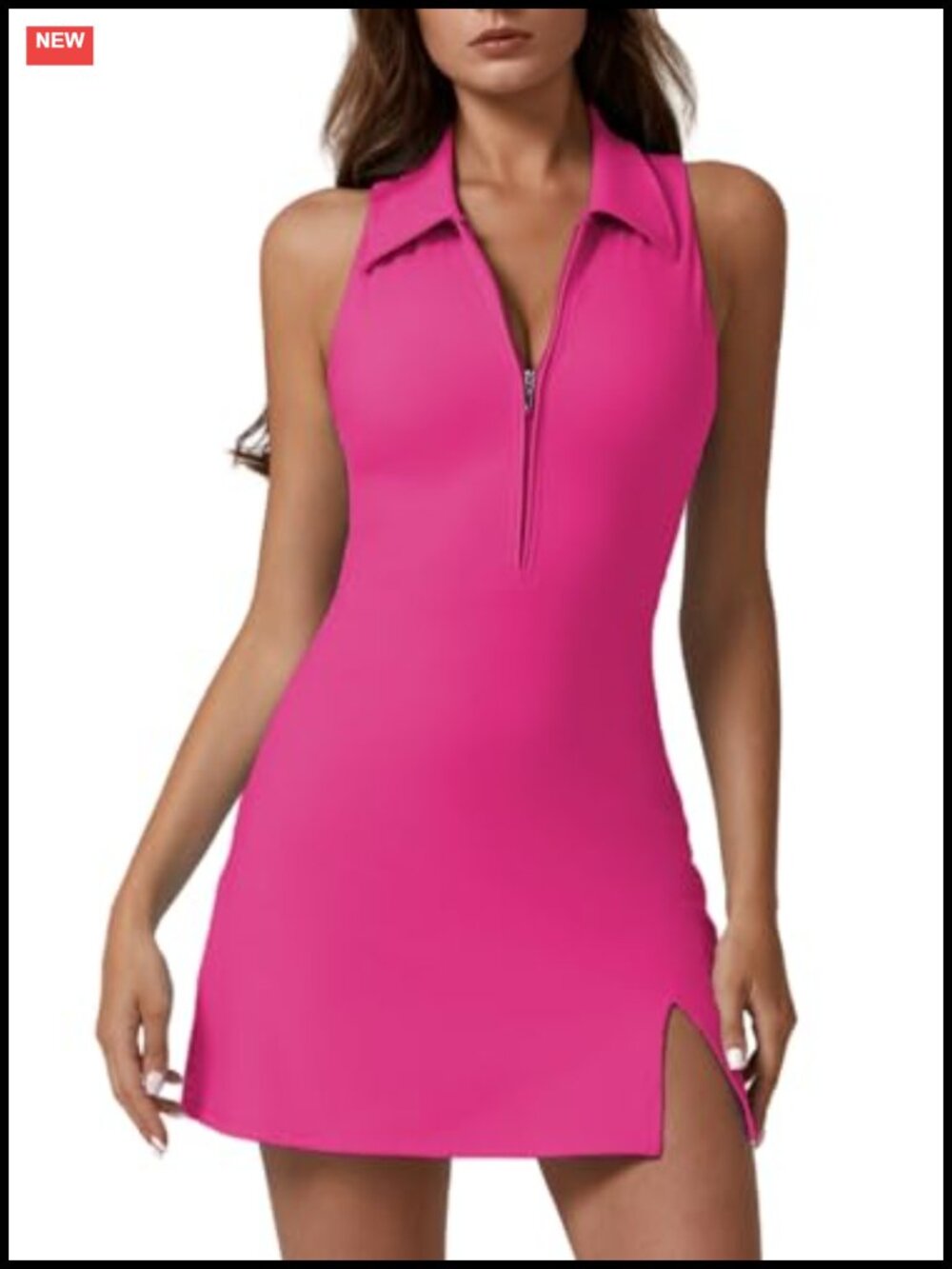 Zip Front Tennis Dress with Built-in Shorts and Pockets, Polo Collar Racer Back